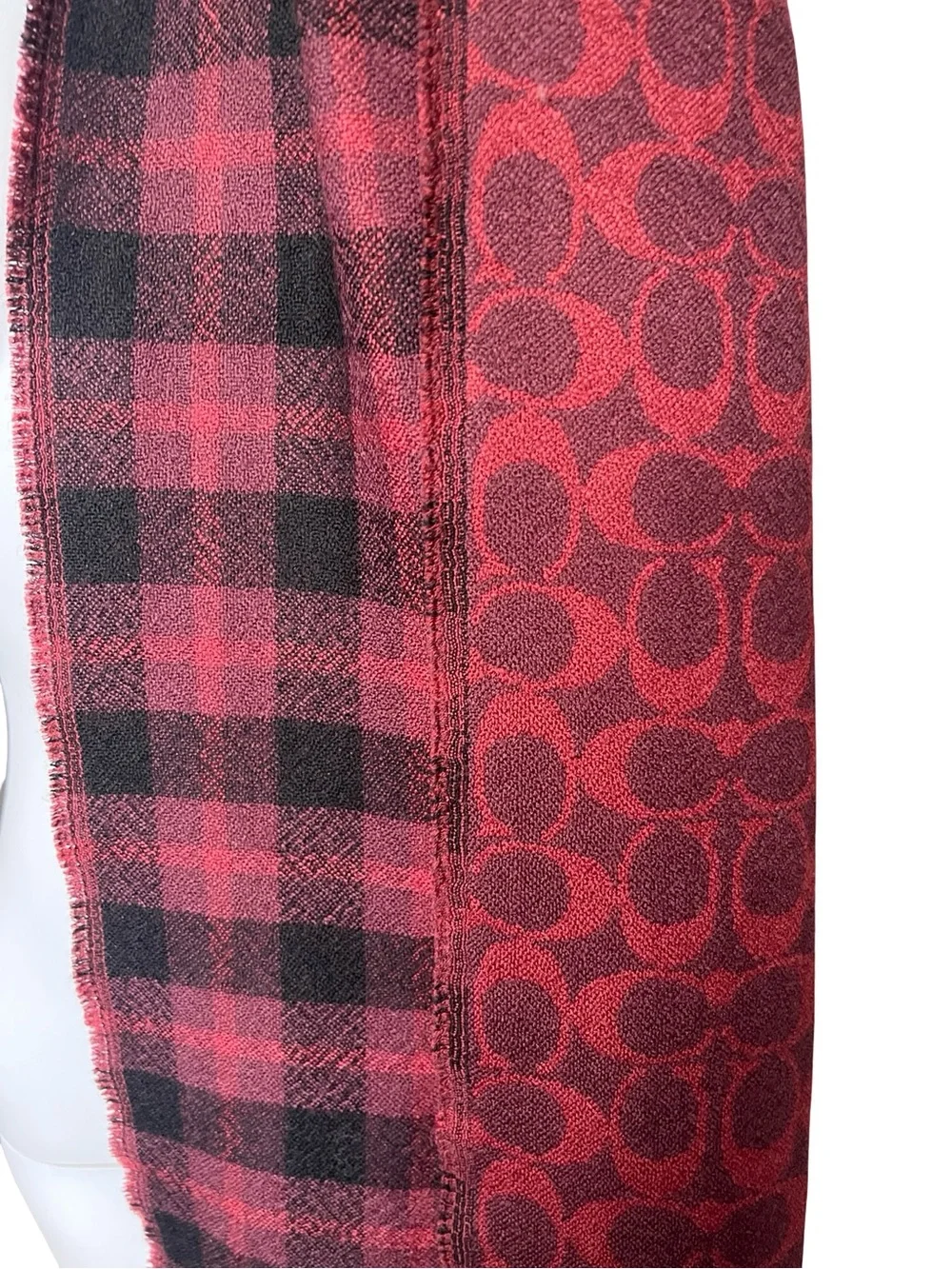 NEW Coach Scarf Reversible Signature Plaid Monogram Wool Fringe Oxblood - Picture 3 of 9